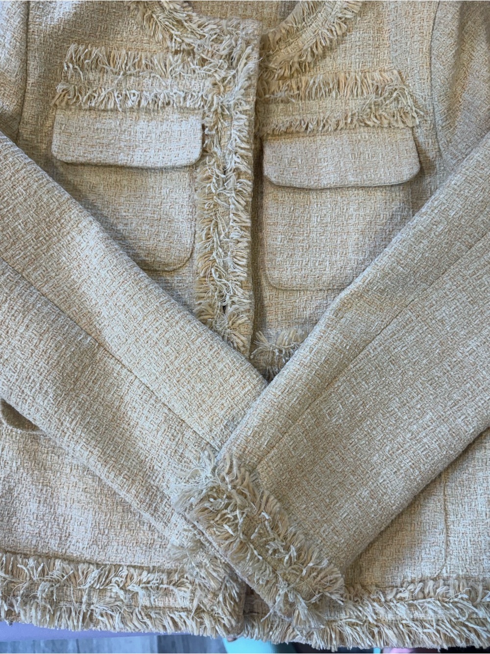 20%Wool Cream Boucle Tweed Jacket Fringe Trim Gold Button Blazer - Picture 5 of 10